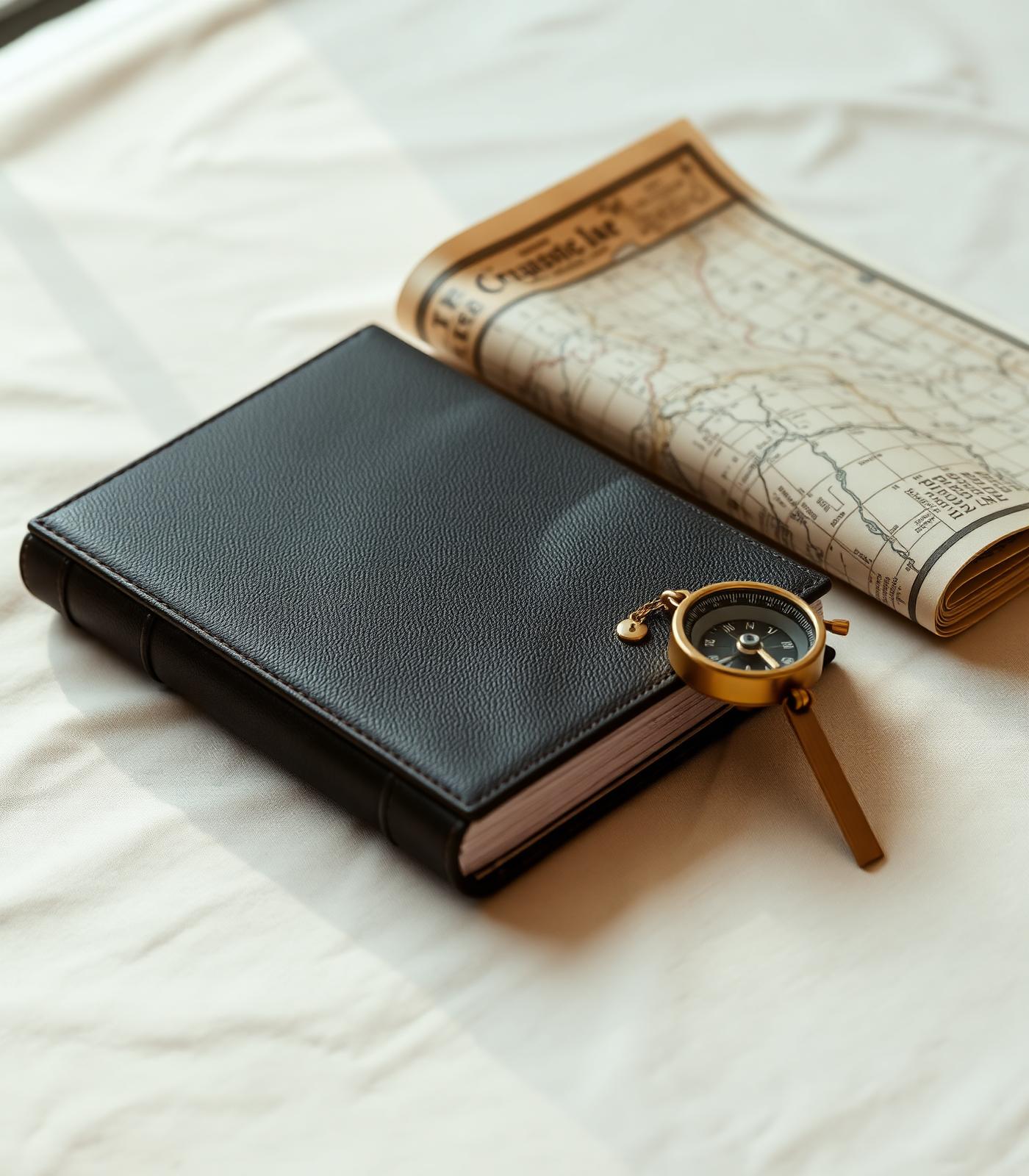 Leather journal, brass compass and folded map on ivory linen